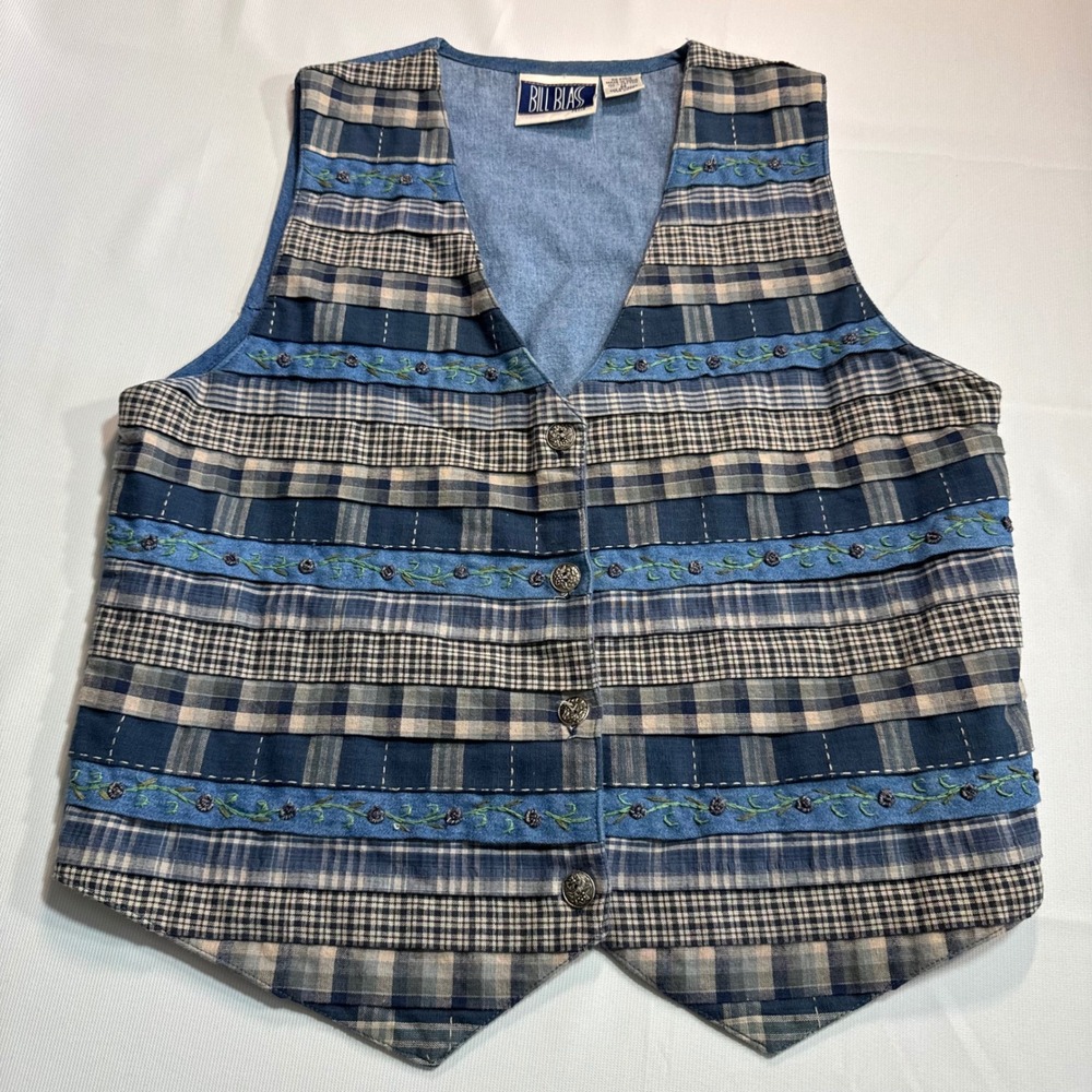 Vintage Coastal Grandma Patchwork Plaid Medium Jeans Denim Embroidered Vest Blue